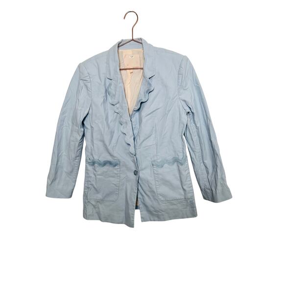 REBECCA TAYLOR Light Blue 70s Rickrack Trim Double Breasted Slub Jacket Blazer 8 - Picture 2 of 16